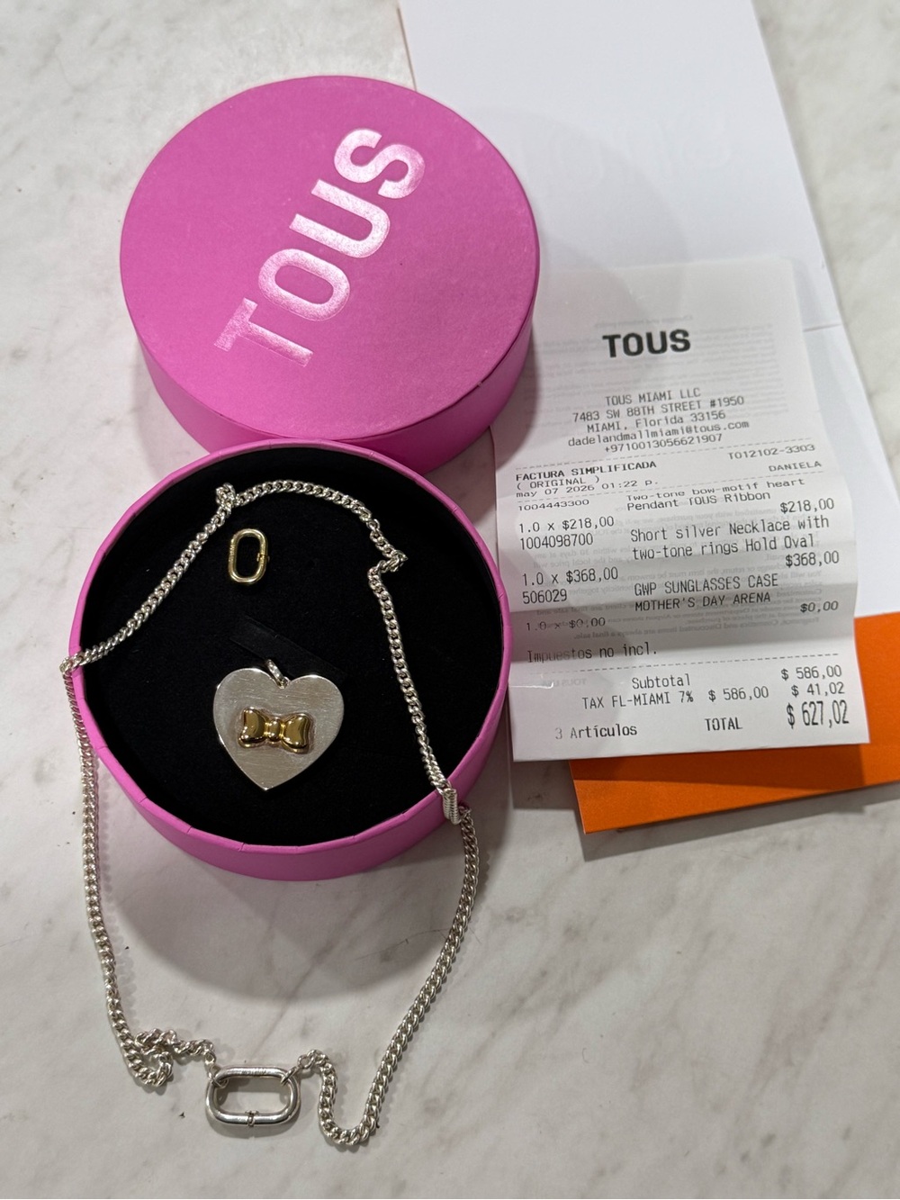 TOUS Two-Tone Heart Pendant Necklace with Pink Gift Box